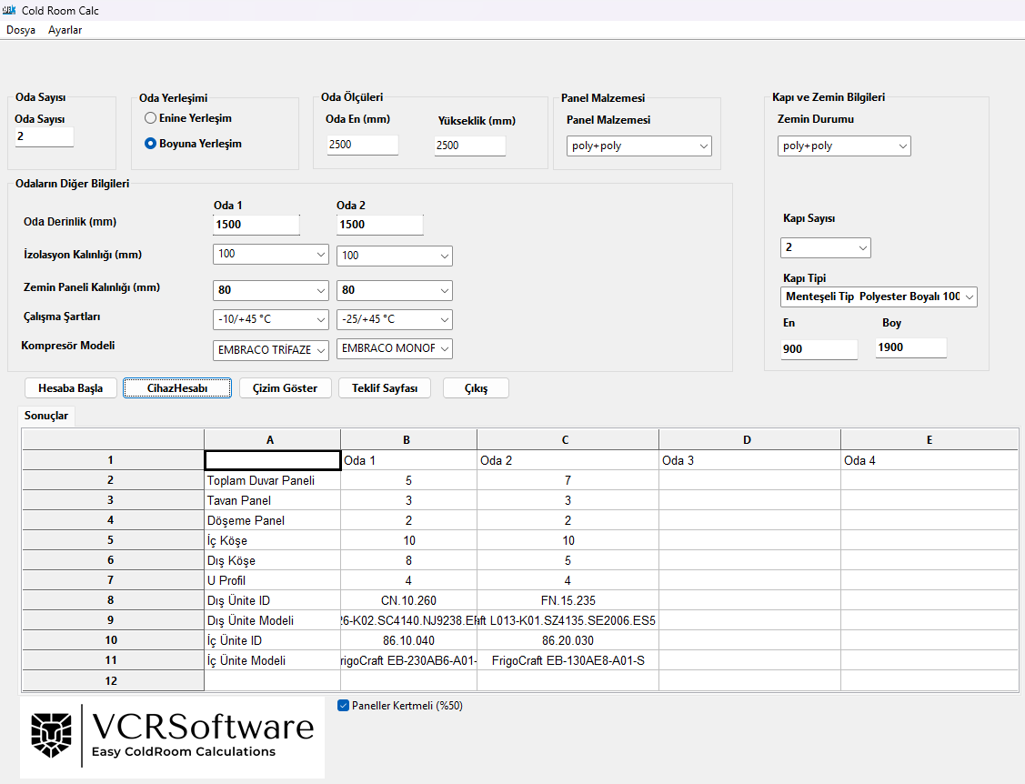 Oda ölçüleri giriş ekranı